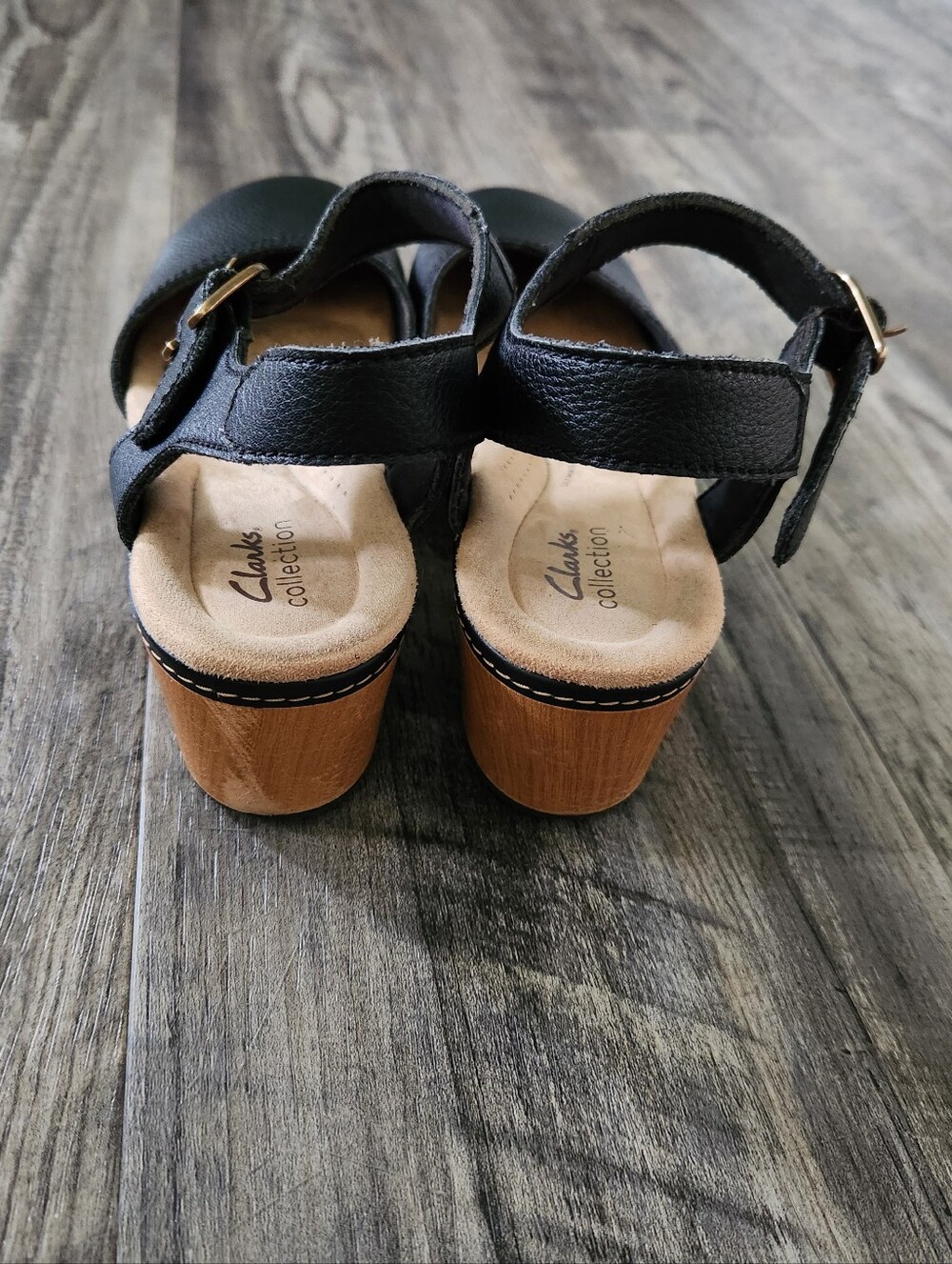 Clarks Paizlee Bay Black Leather Clog Wood-Effect Platform Ankle Strap Sandals - Picture 5 of 10